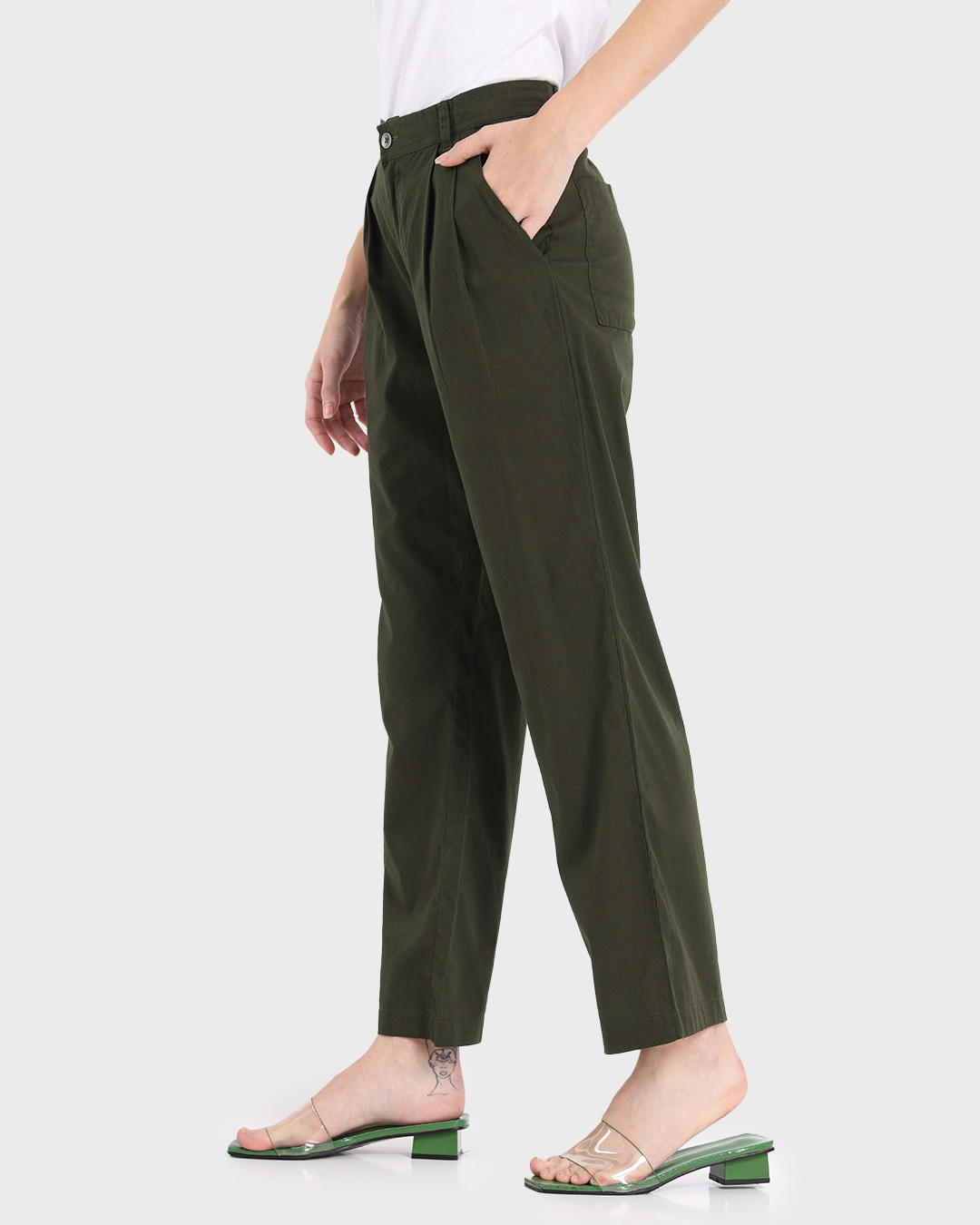 Shop Women's Olive Cotton Flared Trousers-Back