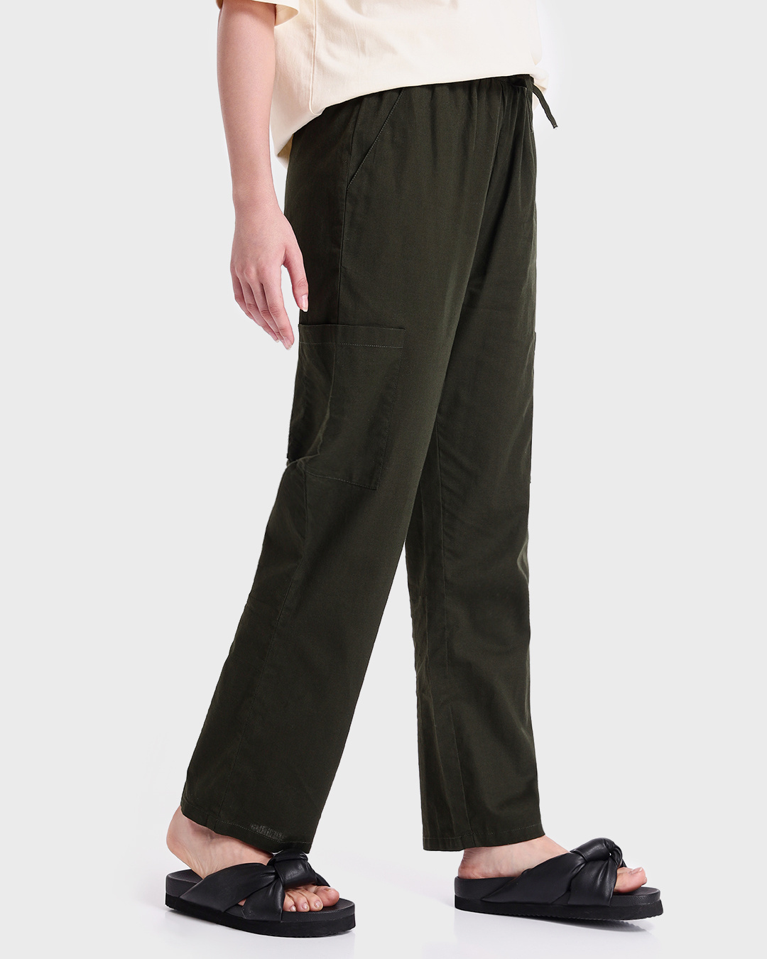 Shop Women's Olive Cotton Straight Trousers-Back