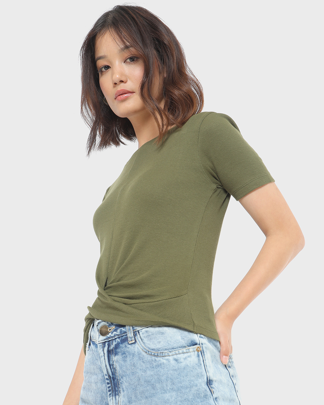 Shop Women's Olive Front Cross Slim Fit Top-Back