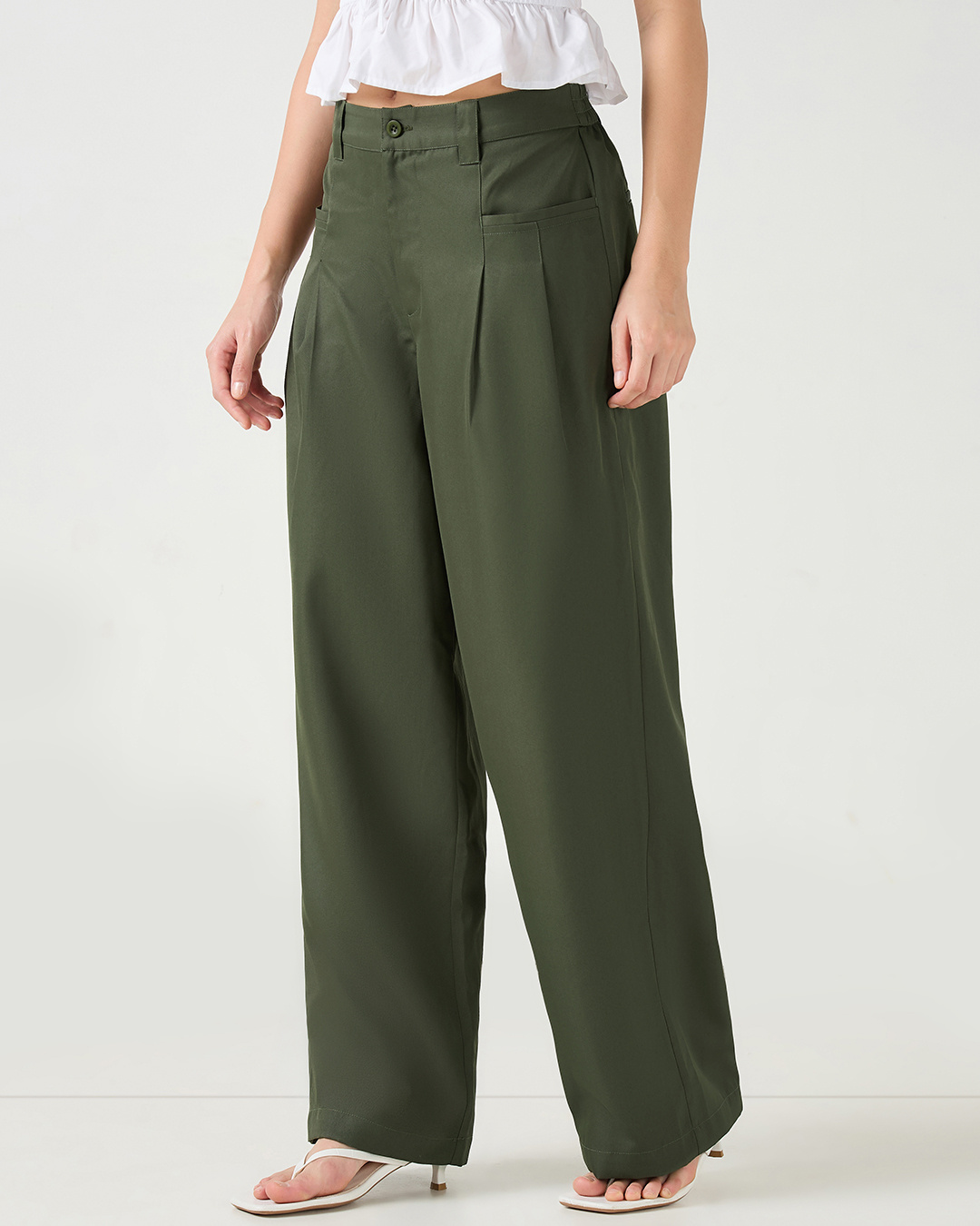 Shop Women's Olive Green Oversized Korean Pants-Back