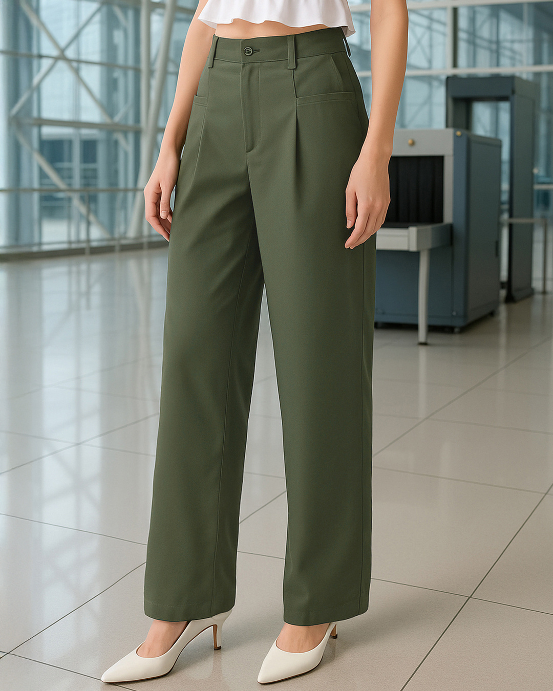 Elleven Women's Eleven Women's Olive Green Solid Work Wear Pants in Mid-rise