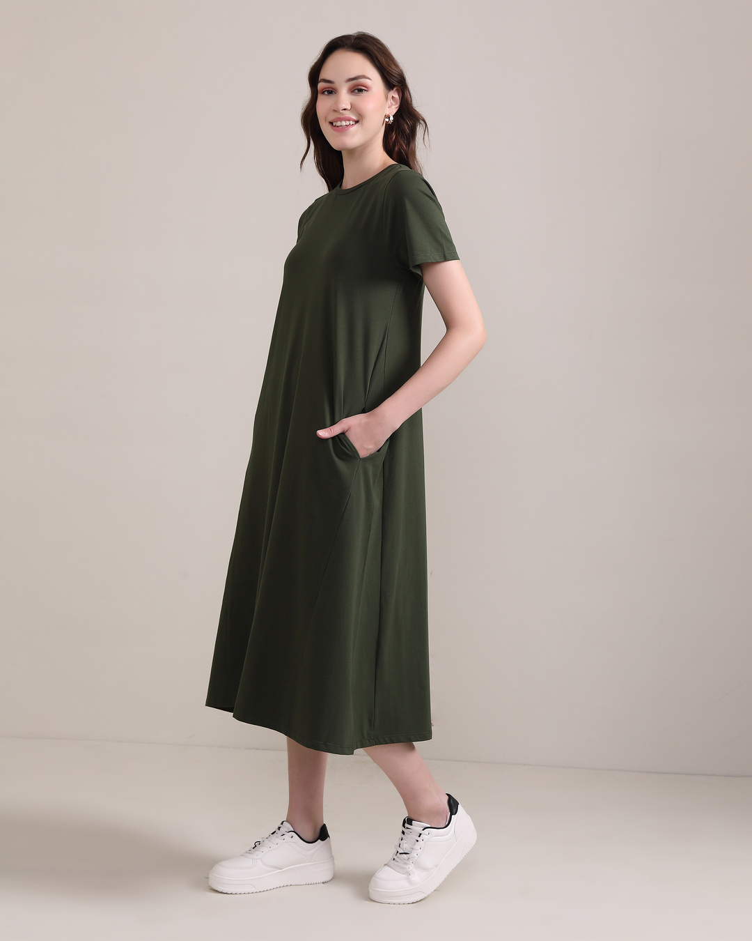 Shop Women's Olive Green Relaxed Fit A-Line Dress-Back