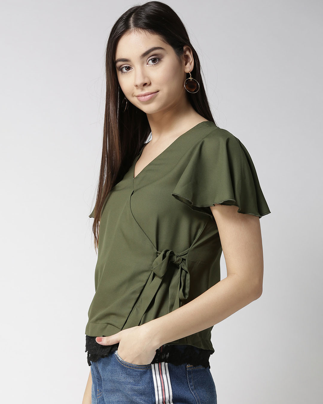 Shop Women's Olive Green Solid Wrap Top-Back