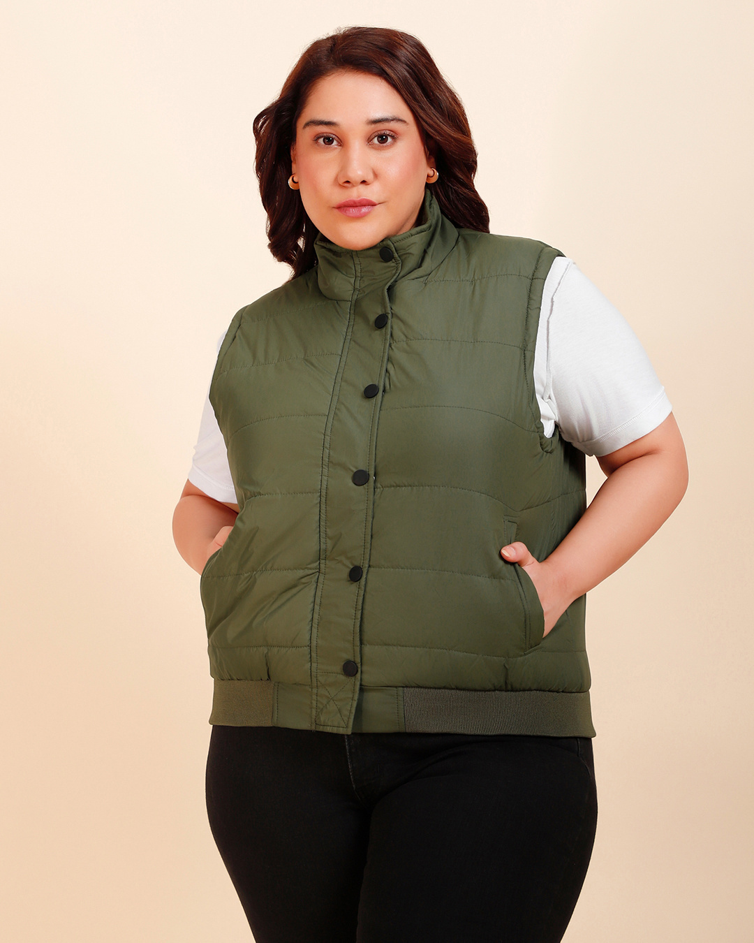 Shop Women's Olive Plus Size Sleeveless Puffer Jacket-Back