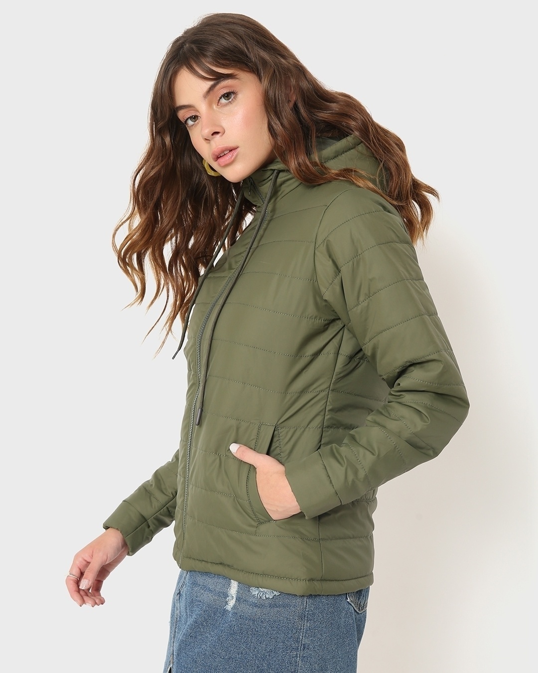 Shop Women's Olive Relaxed Fit Puffer Jacket-Back
