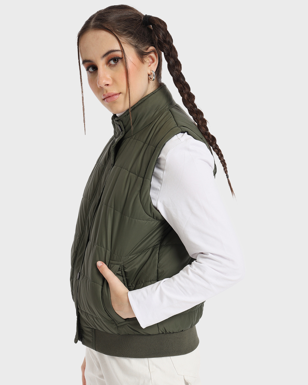 Shop Women's Olive Sleeveless Puffer Jacket-Back