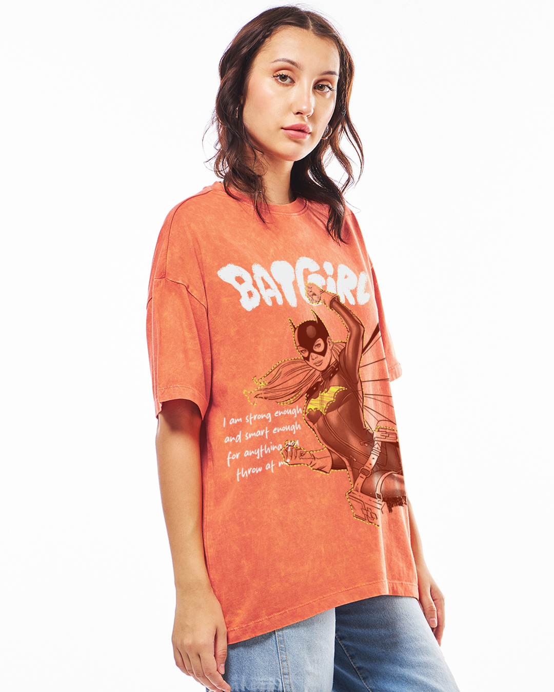 Shop Women's Orange Bat Girl Graphic Printed Oversized Acid Wash T-shirt-Back