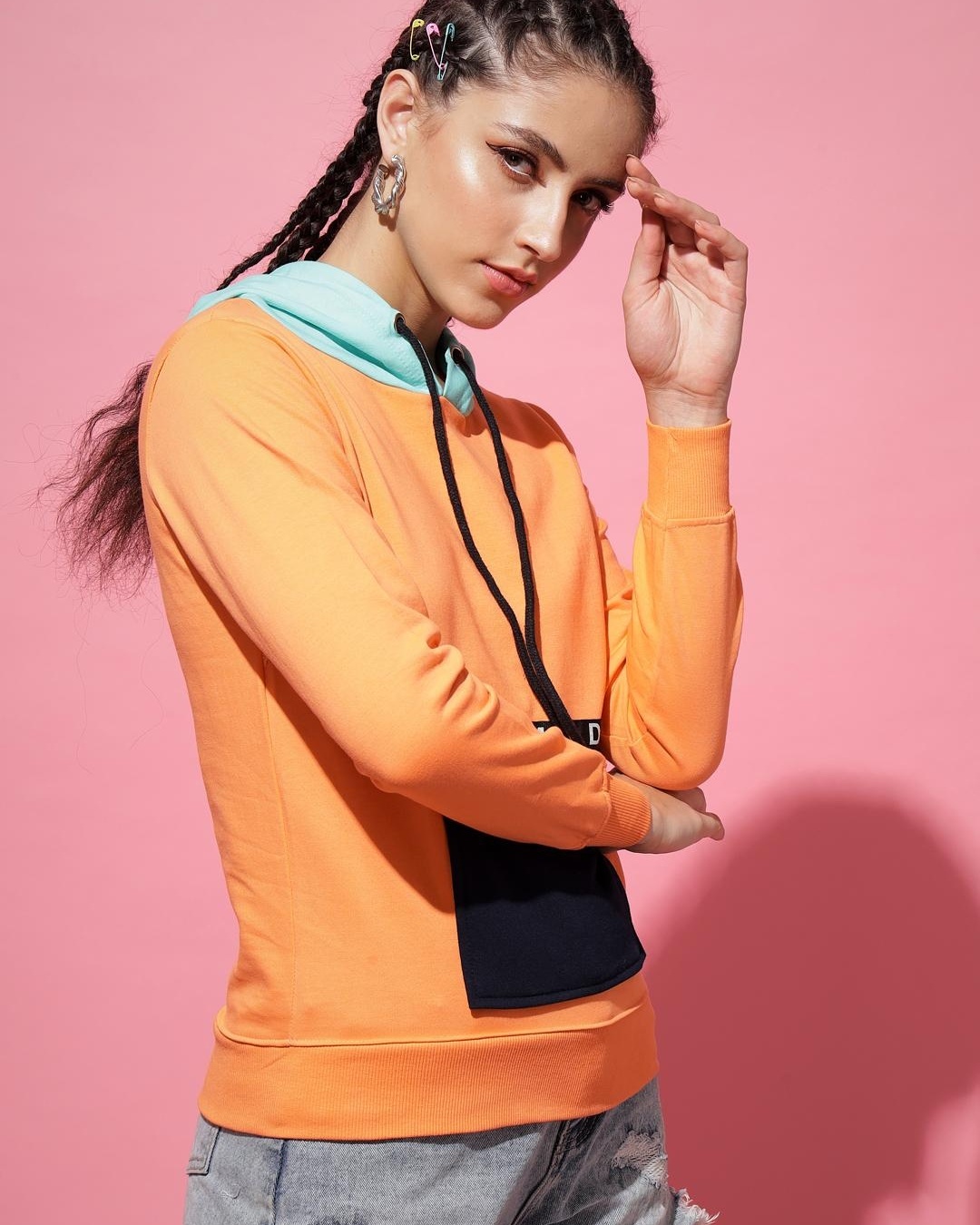 Shop Women's Orange Color Block Hooded Sweatshirt-Back