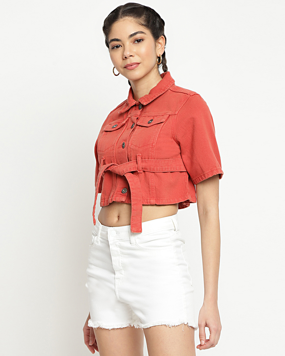 Shop Women's Orange Denim Cropped Jacket-Back