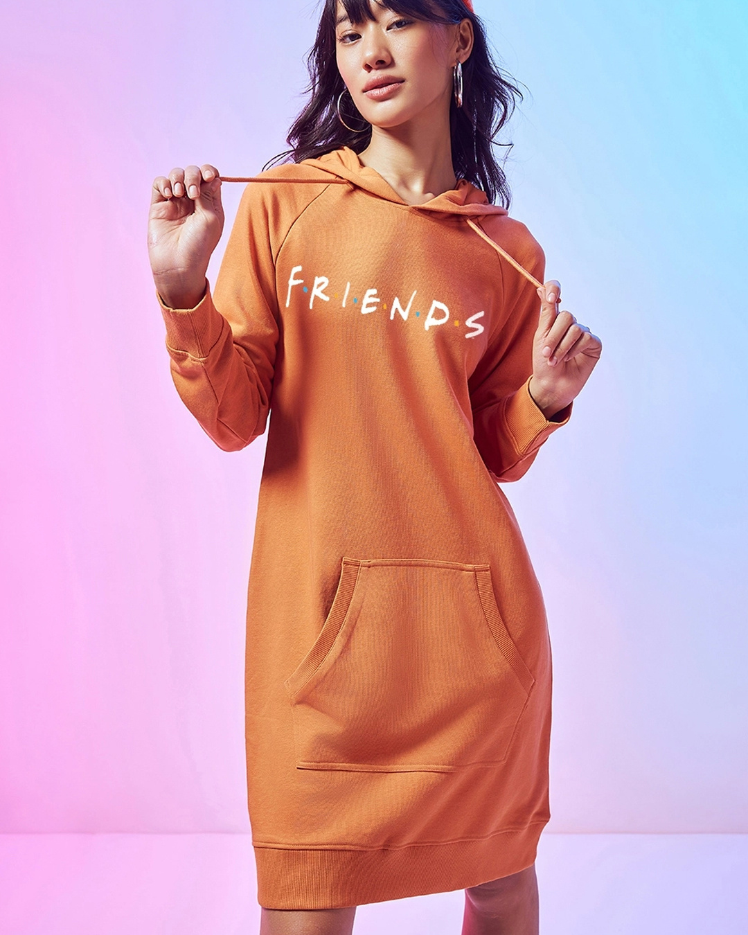 Buy Women s Orange Friends Logo Graphic Printed Hoodie Dress Online at Bewakoof