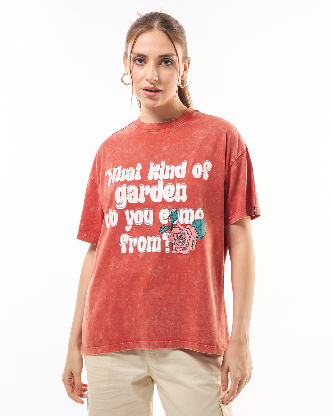 Shop Women's Orange Garden Graphic Printed Oversized Acid Wash T-shirt-Back