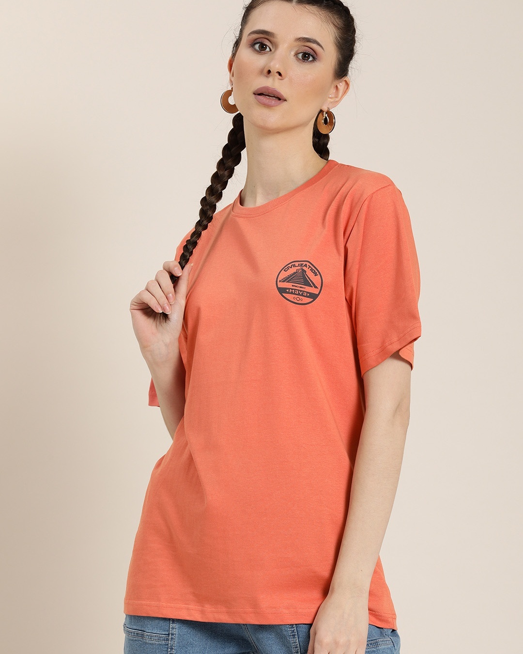 Shop Women's Orange Graphic  Printed  Oversized T-shirt-Back
