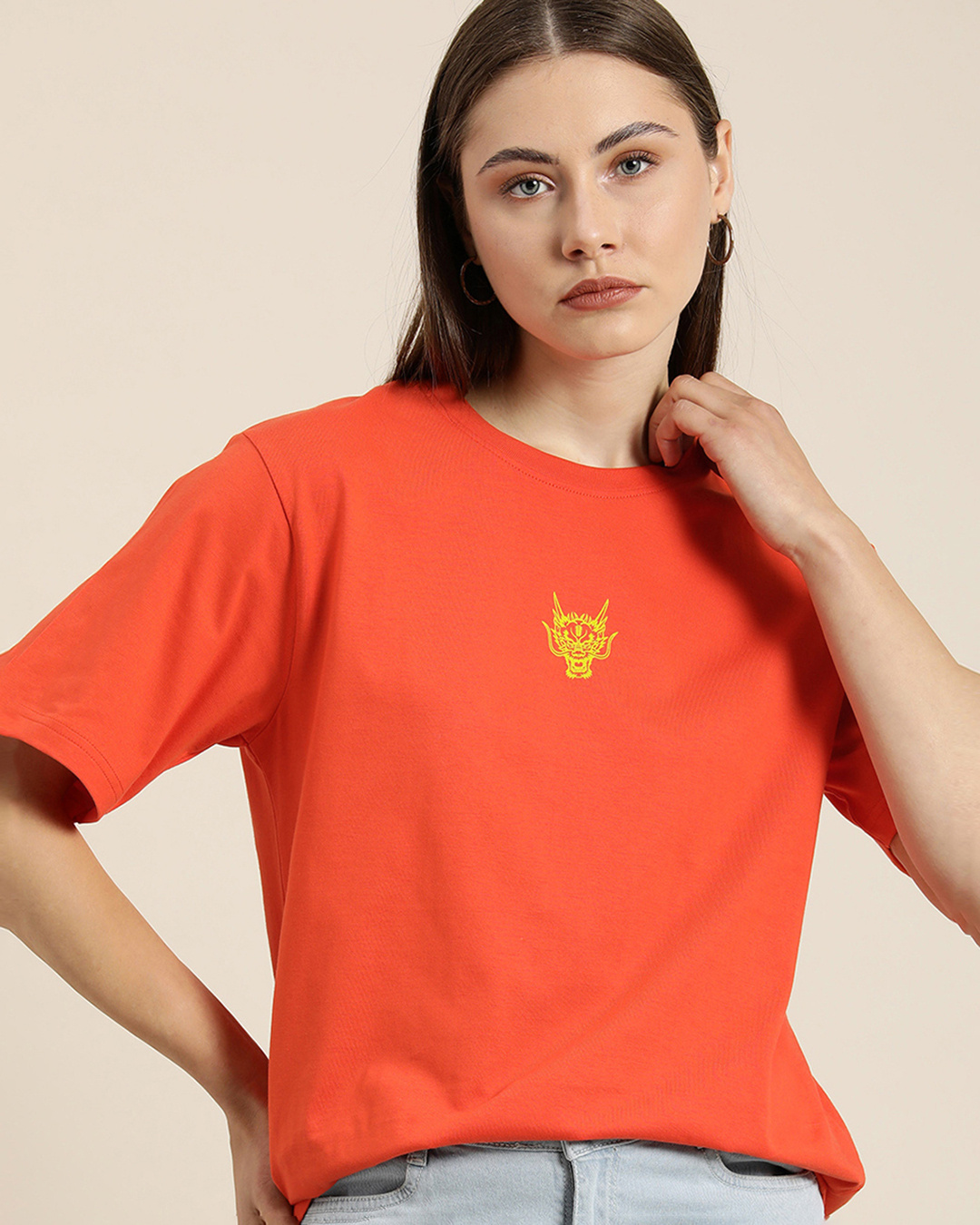 Shop Women's Orange Graphic Printed Oversized T-shirt-Back