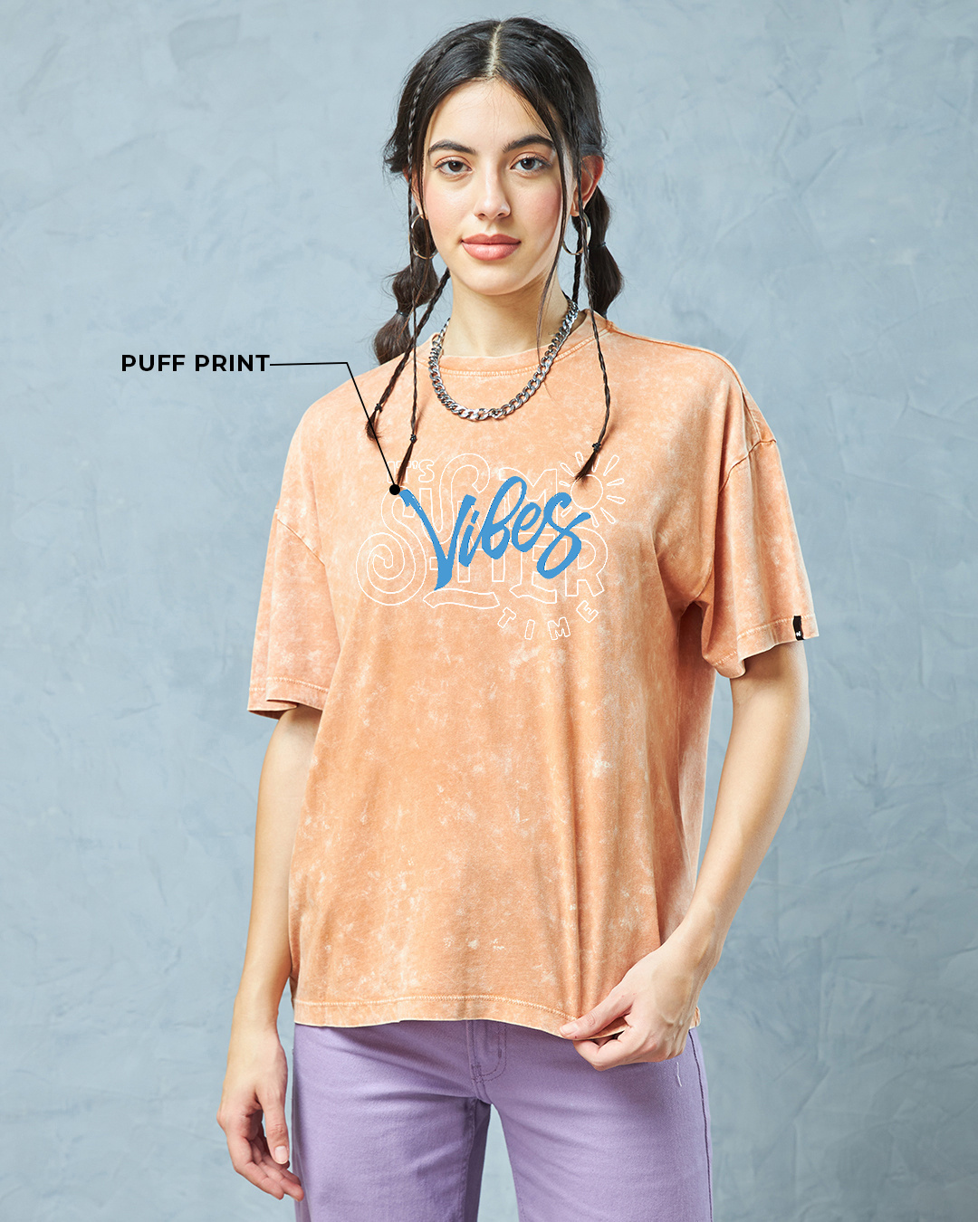 Shop Women's Orange Heat Waves Graphic Printed Oversized Acid Wash T-shirt-Back