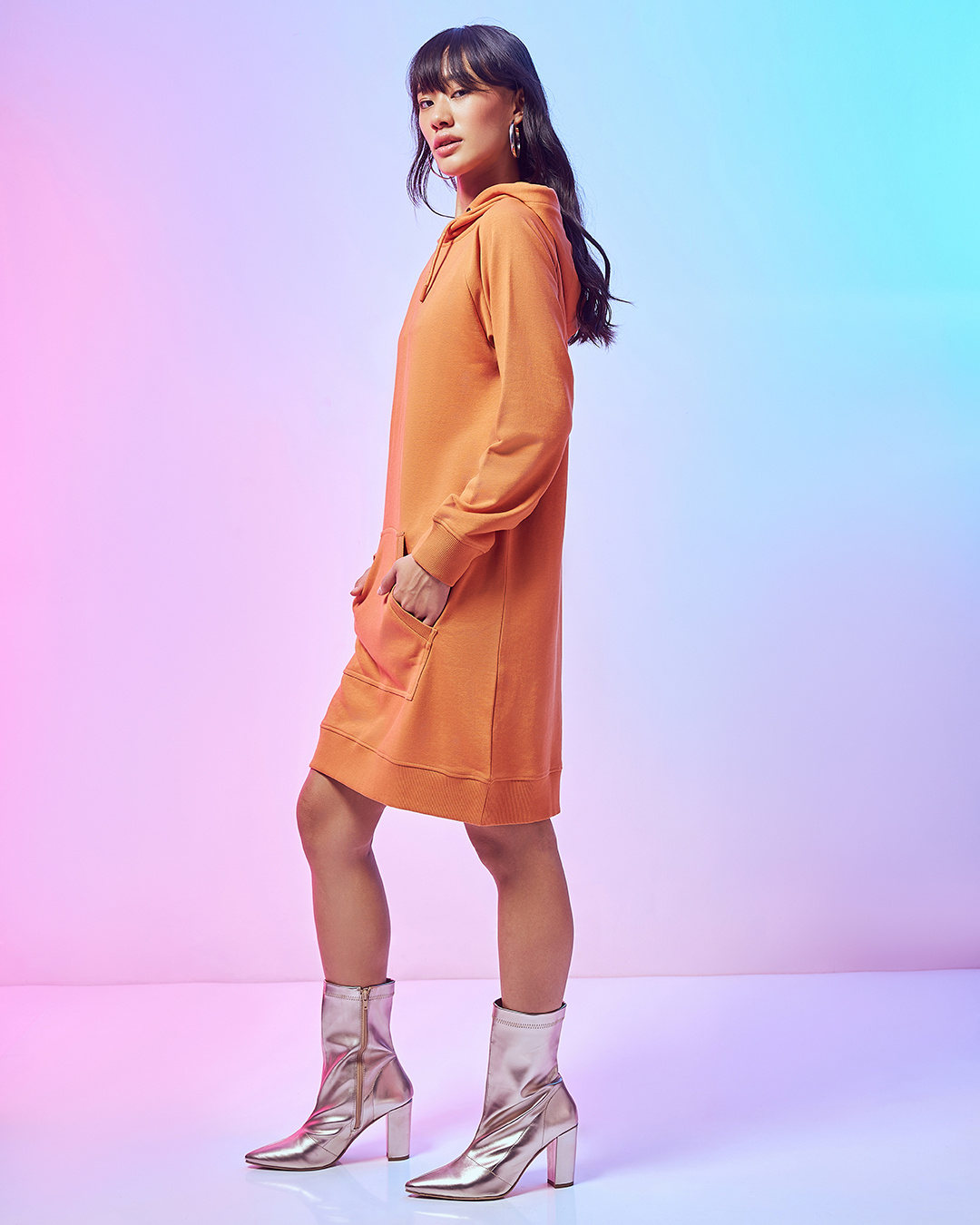 Shop Women's Orange Hoodie Dress-Back