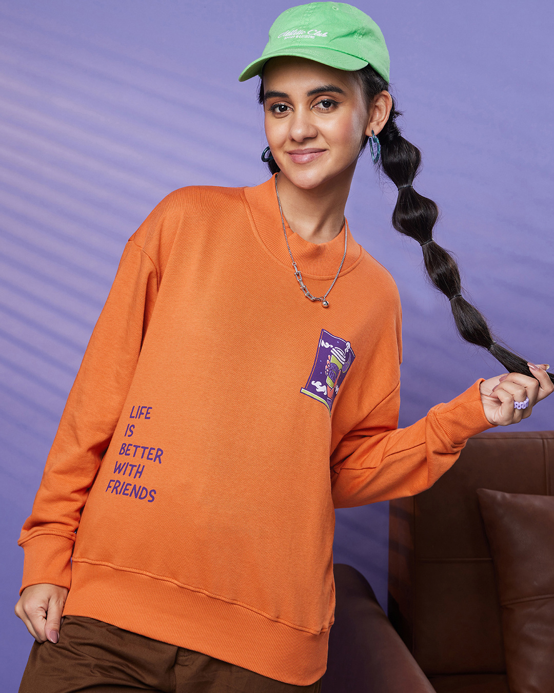 Shop Women's Orange Life Better Graphic Printed Oversized Sweatshirt-Back