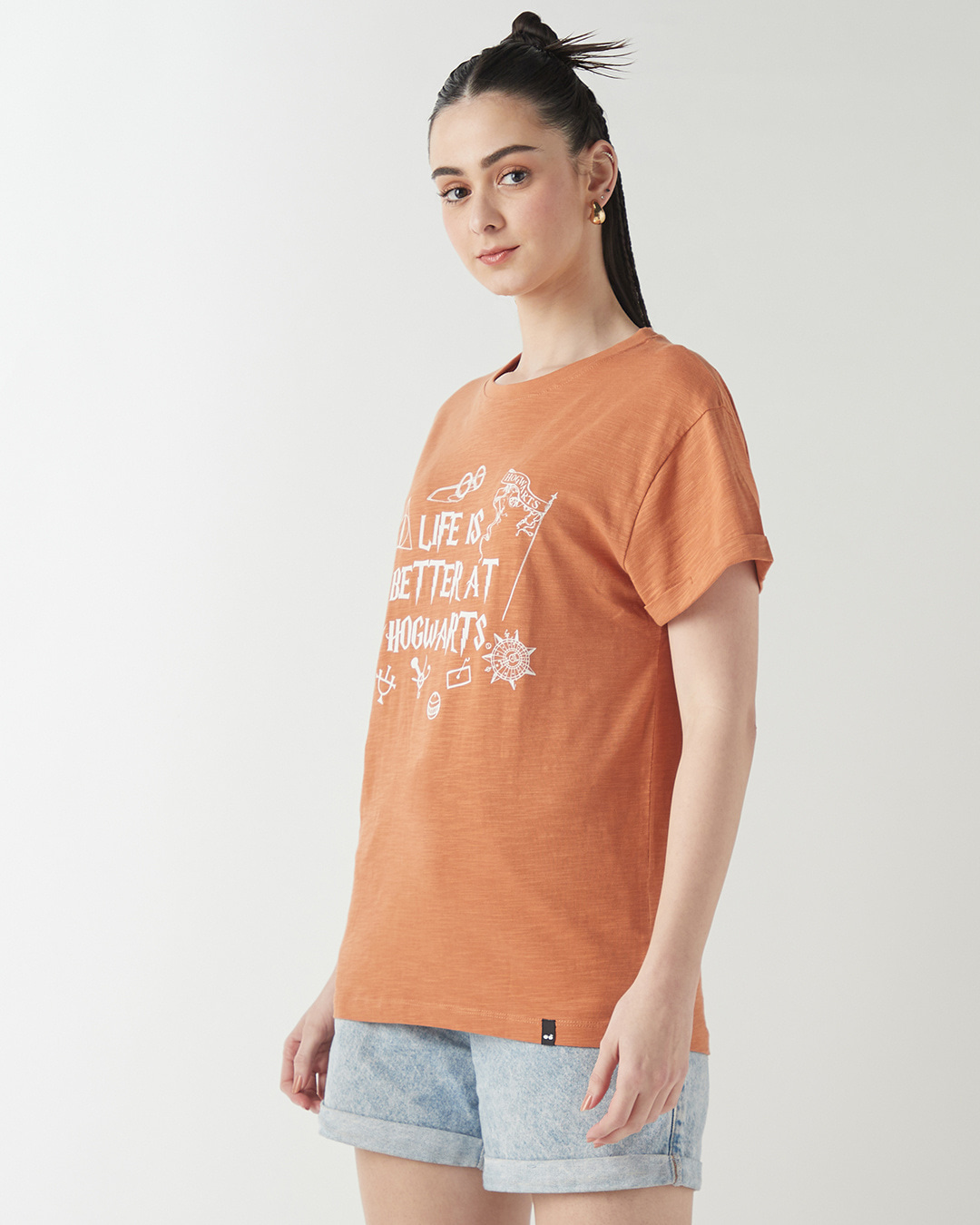 Shop Women's Orange Life is better at Hogwarts Graphic Printed Boyfriend T-shirt-Back