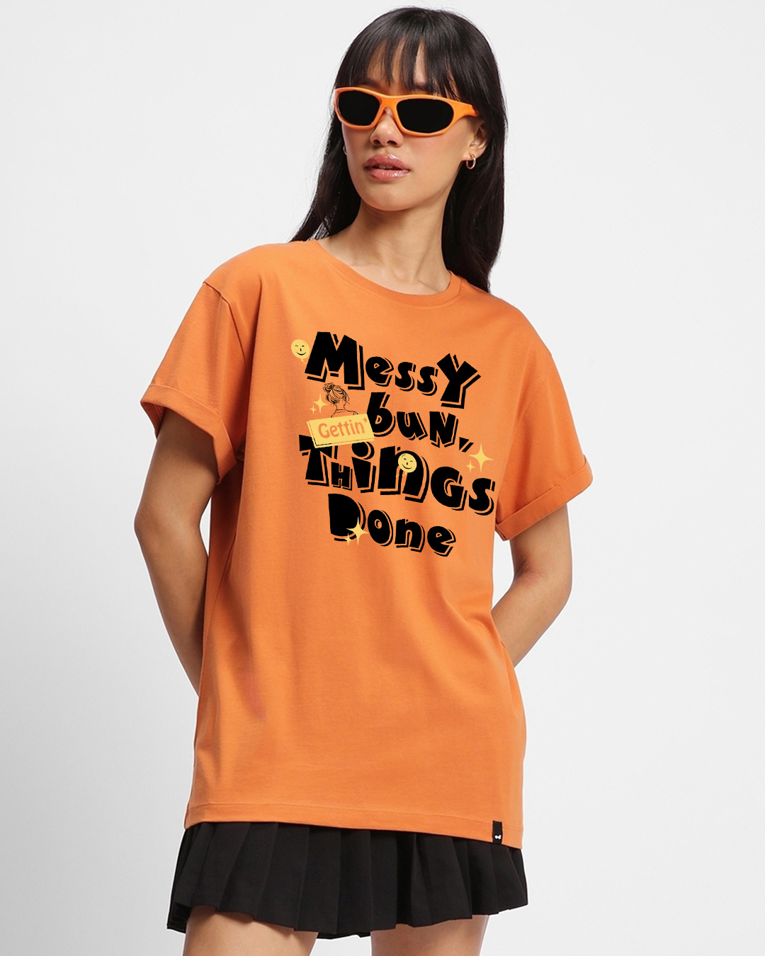 Shop Women's Orange Messy Bun Typography Boyfriend T-shirt-Back