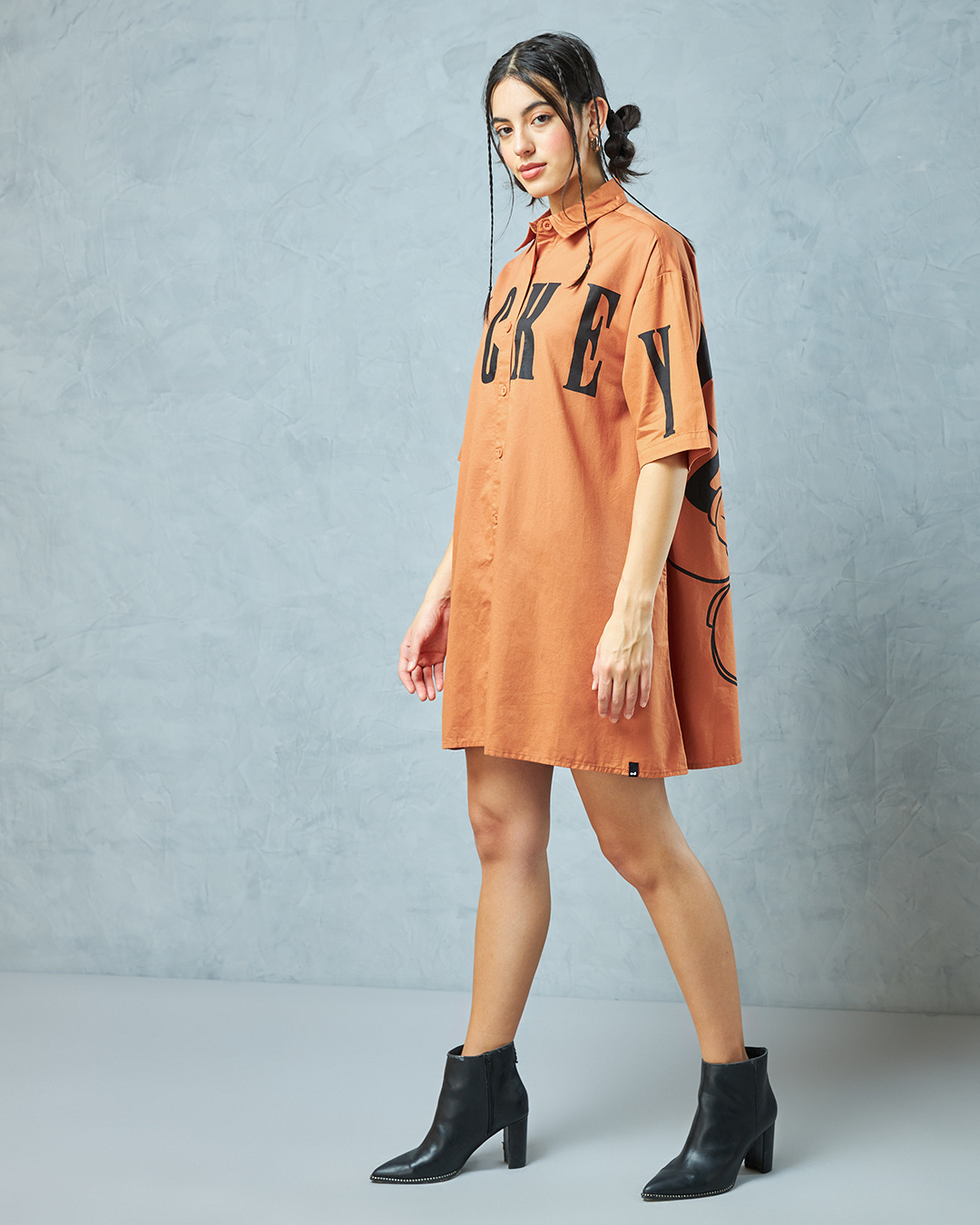Shop Women's Orange Mickey Graphic Printed Oversized Shirt Dress-Back