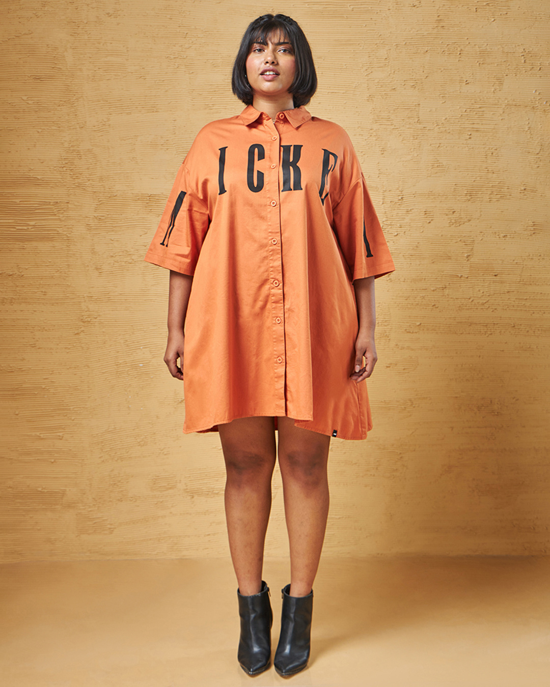 Shop Women's Orange Mickey Graphic Printed Oversized Plus Size Shirt Dress-Back