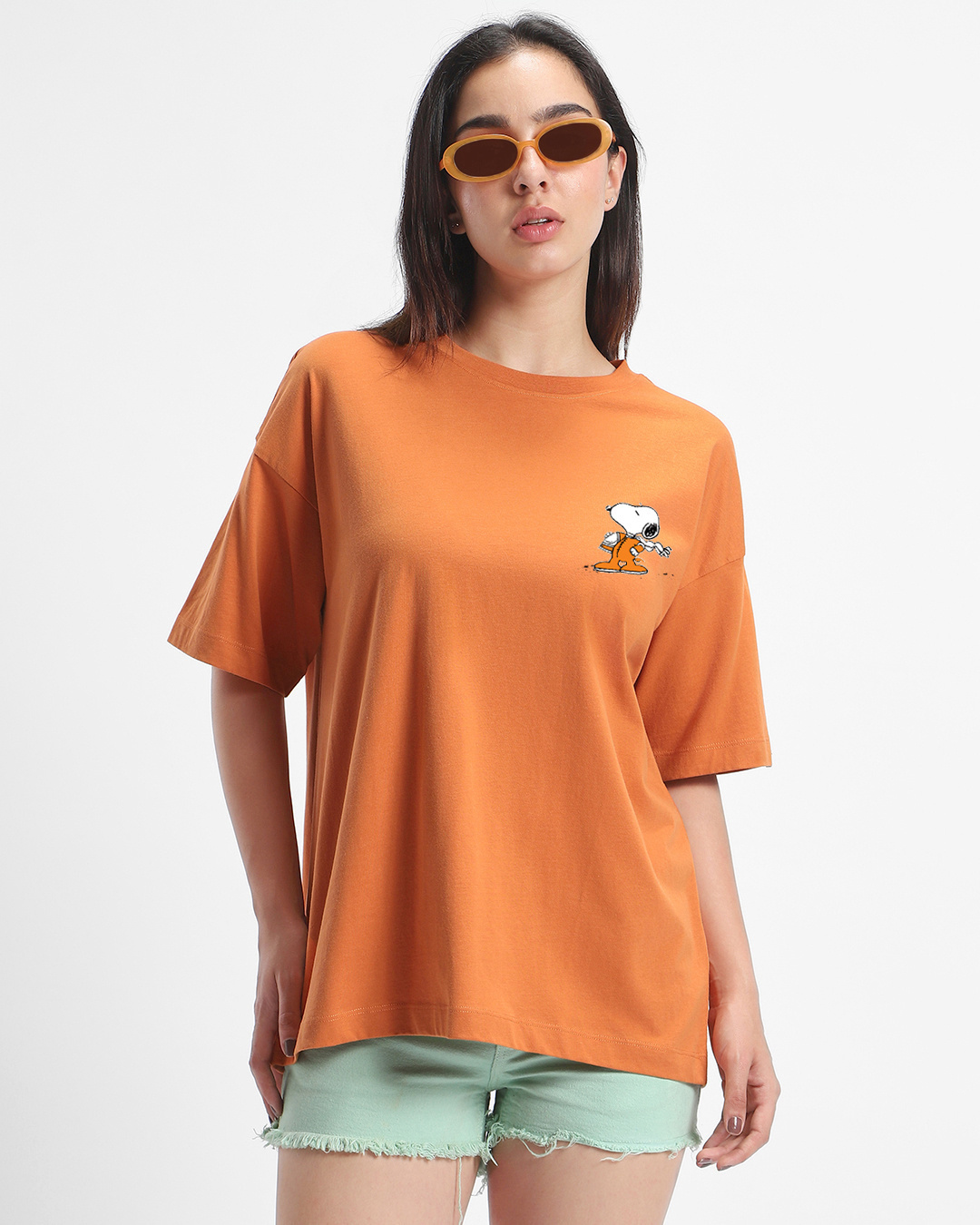 Shop Women's Orange Need Space Snoopy Graphic Printed Oversized T-shirt-Back