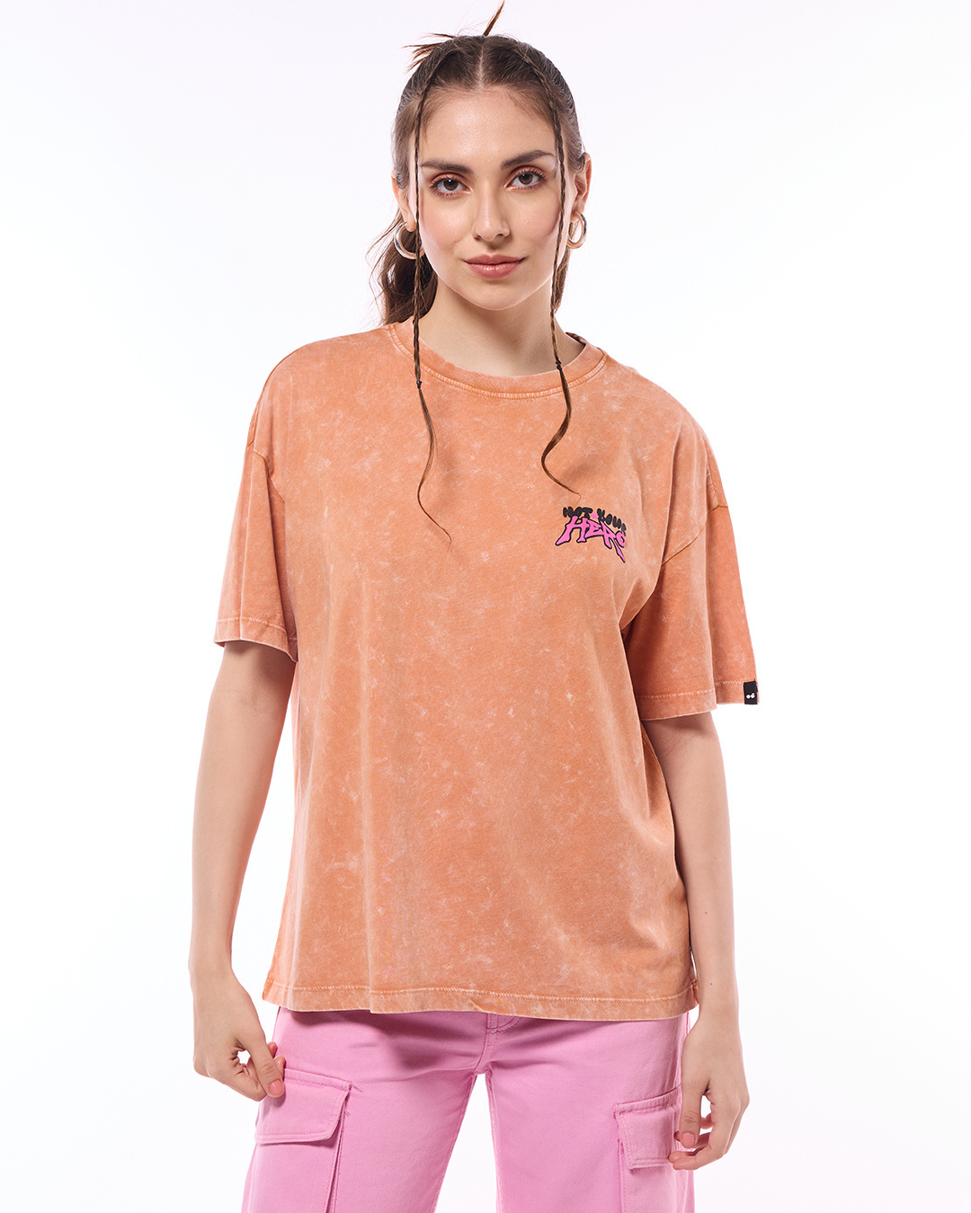 Shop Women's Orange Not Your Hero Graphic Printed Oversized Acid Wash T-shirt-Back