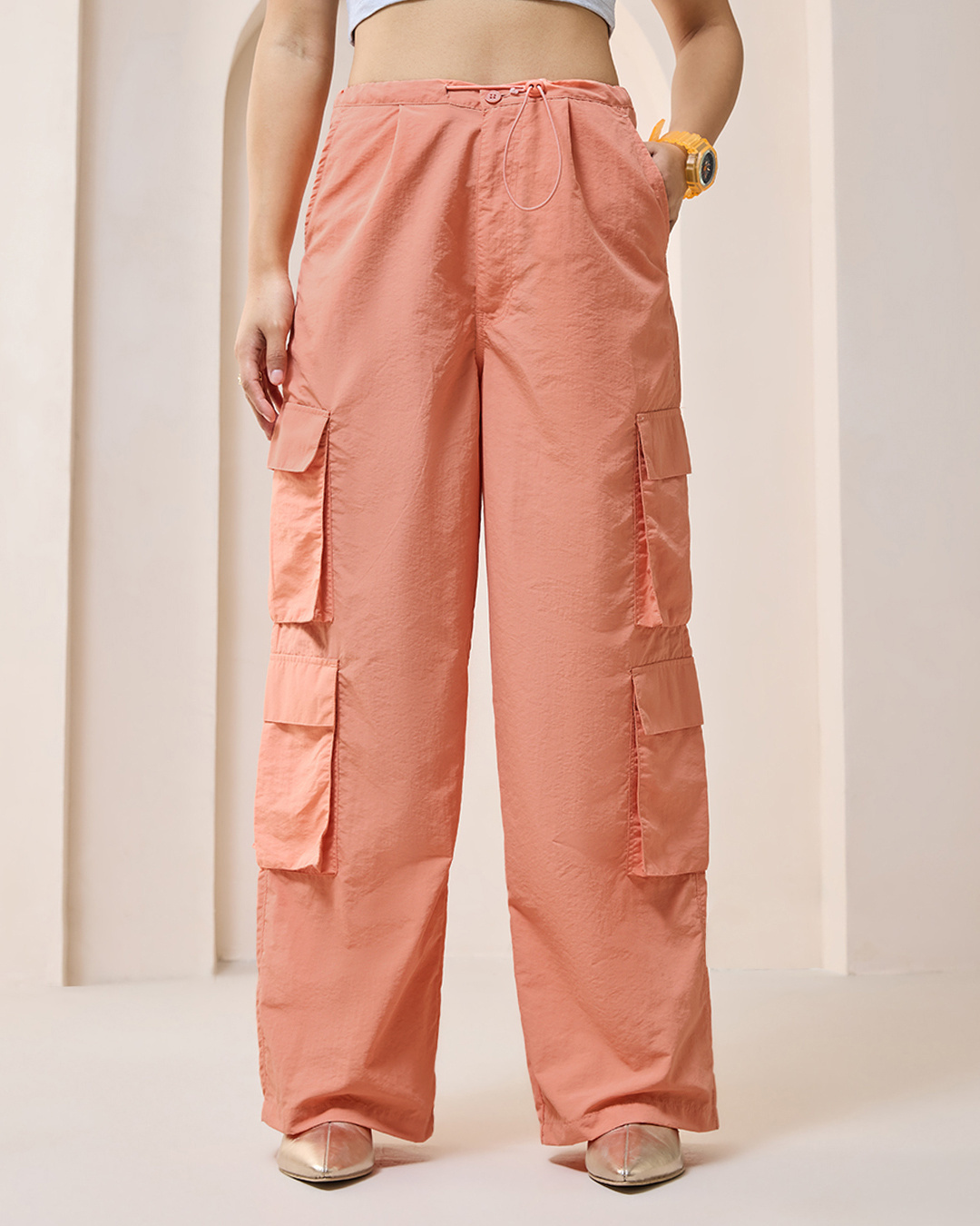 Shop Women's Orange Oversized Cargo Parachute Pants-Back