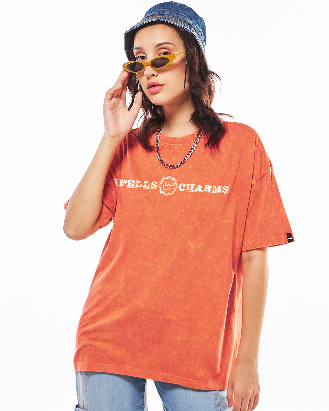 Shop Women's Orange Patronum Graphic Printed Oversized Acid Wash T-shirt-Back