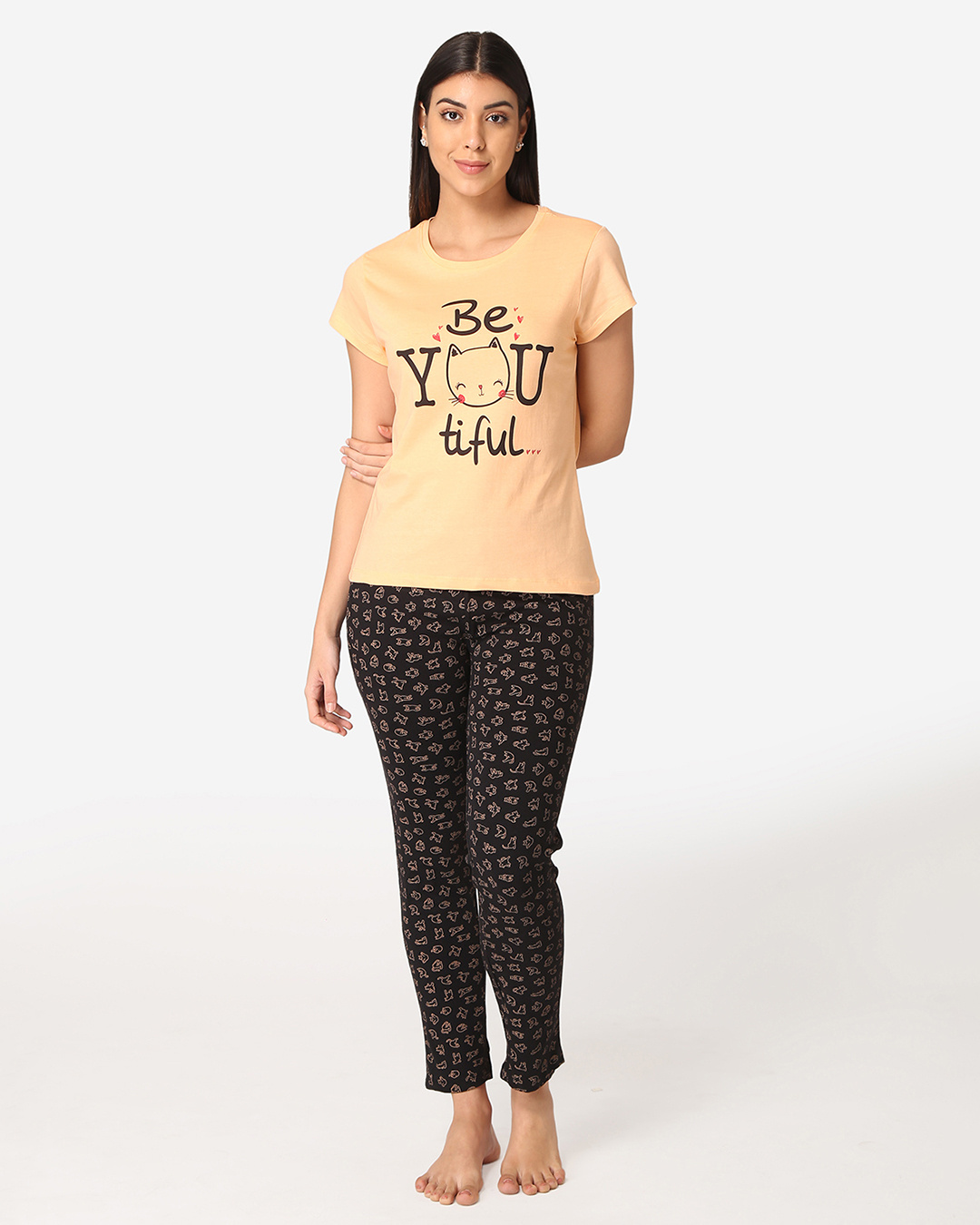 Buy Women's Orange Printed Relaxed Fit Tshirt & Pyjama Set Online in