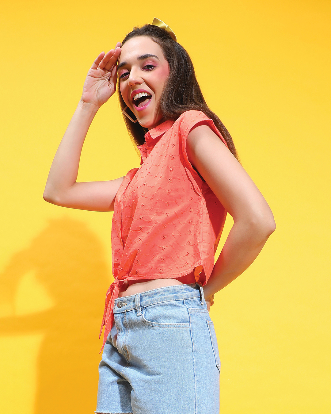 Shop Women's Orange Textured Crop Shirt-Back