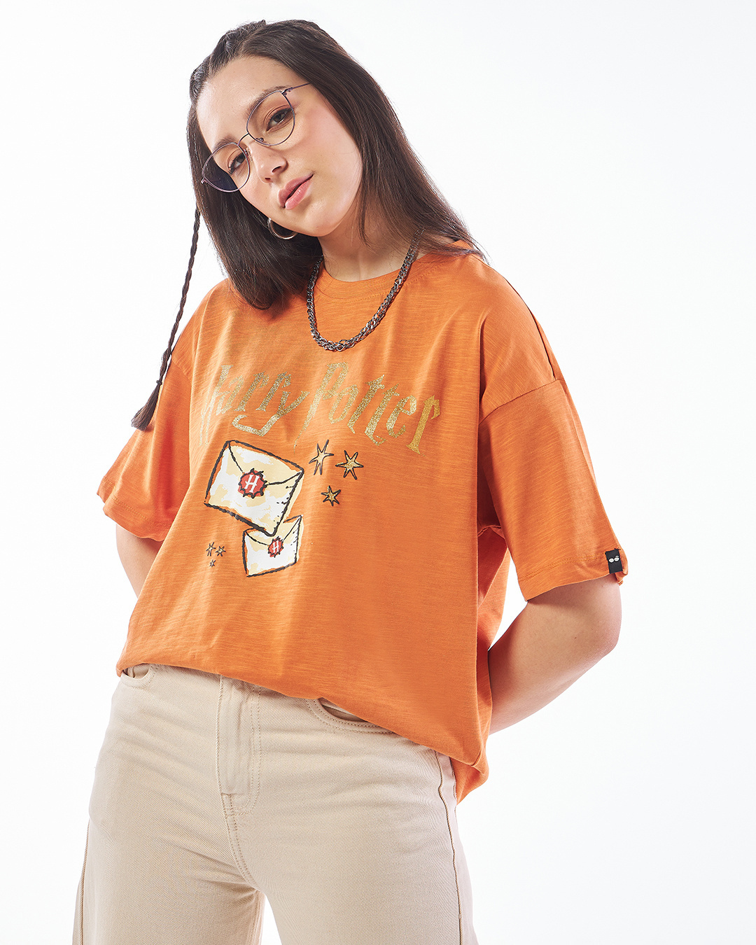 Shop Women's Orange Waiting For My Letters Graphic Printed Oversized T-shirt-Back