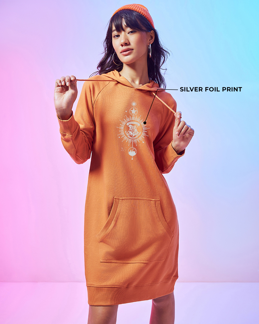 Shop Women's Orange Welcome Home Graphic Printed Hoodie Dress-Back
