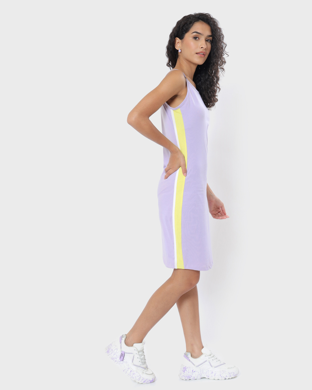 Shop Women's Orchid Petal-Yellow Color Block Halter Neck Slim Fit Dress-Back