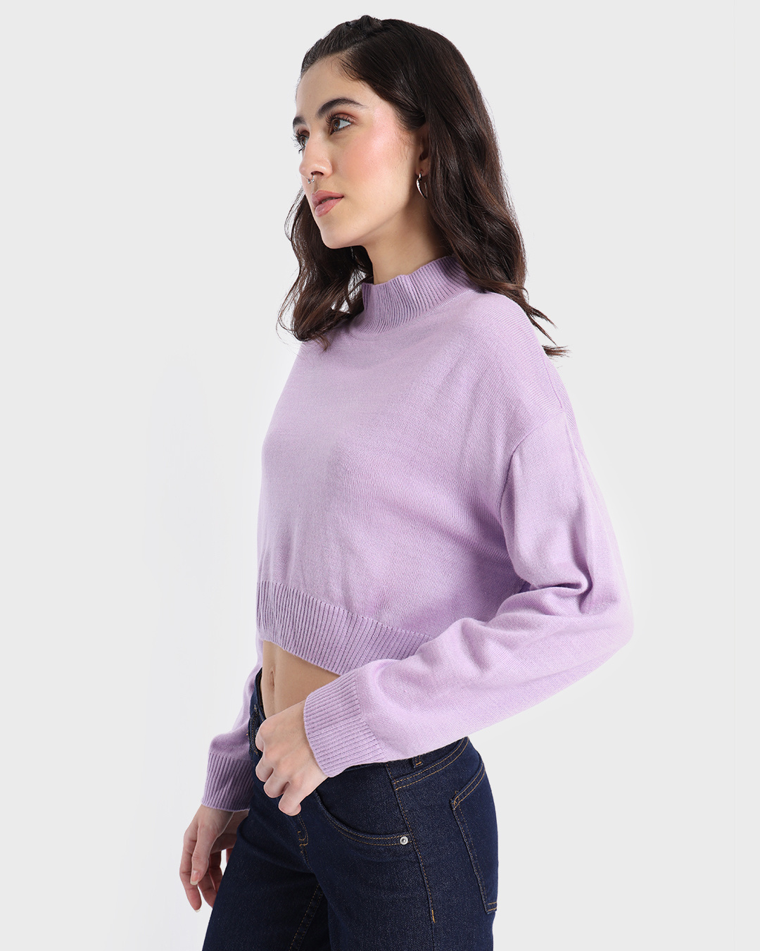 Shop Women's Pastel Lilac High Neck Oversized Crop Sweater-Back