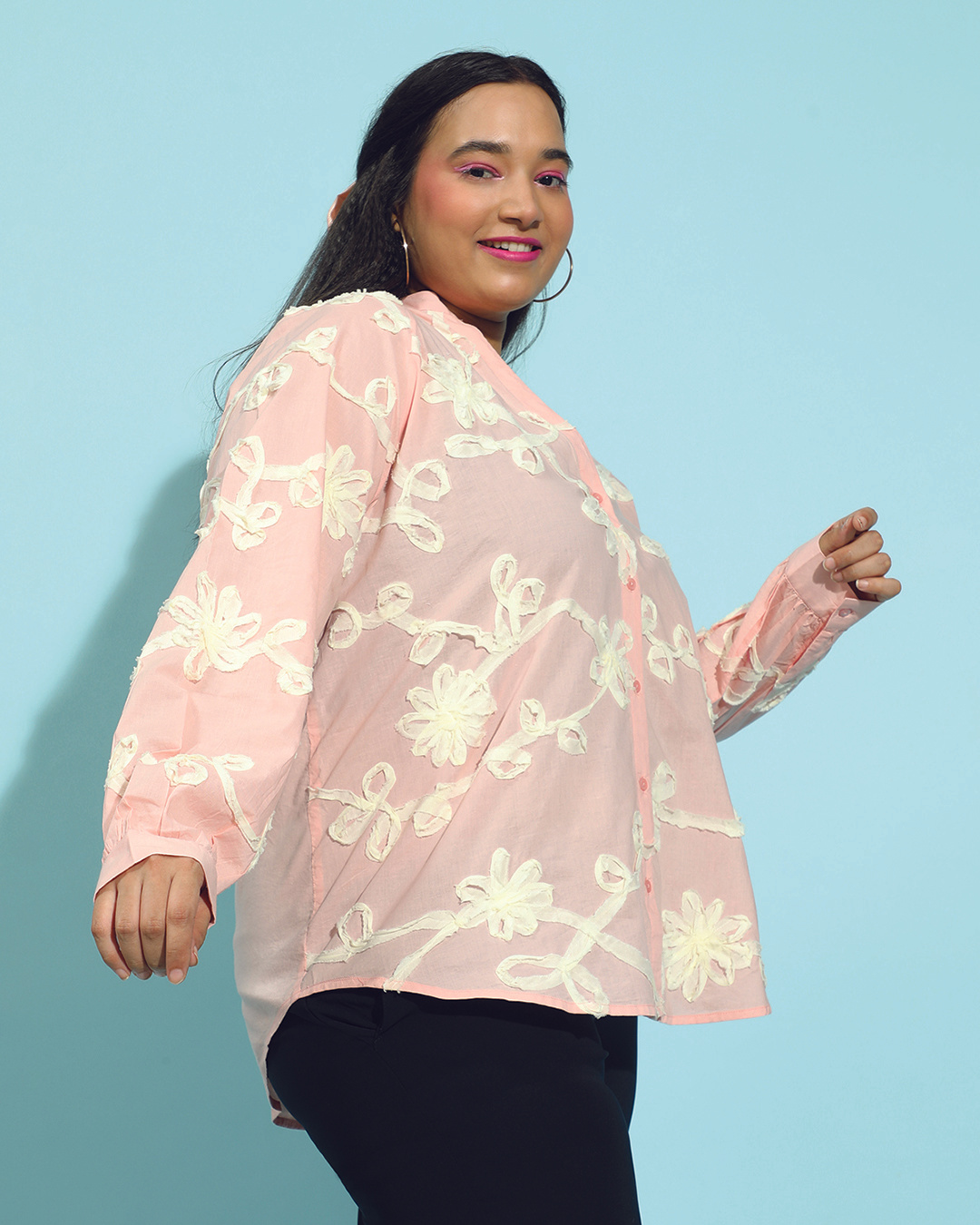 Shop Women's Peach Embroidered Relaxed Fit Plus Size Shirt-Back