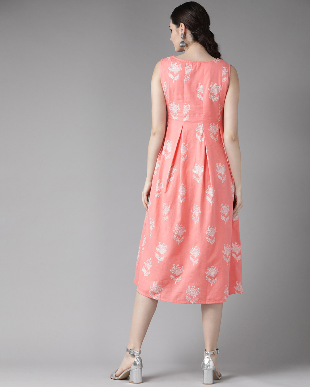 Shop Women's Peach Khari Floral Printed Box Pleated A-Line Dress-Back