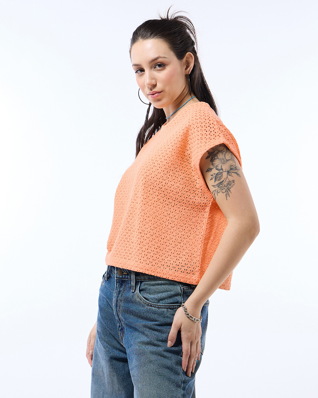 Shop Women's Peach Oversized Crochet Short Top-Back