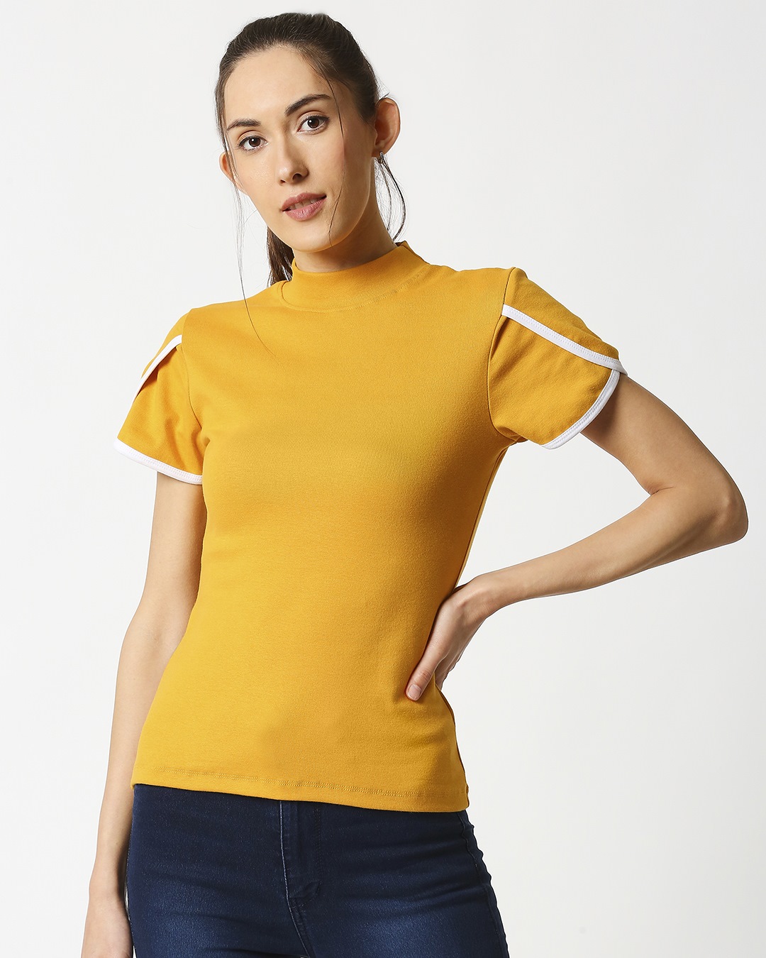 Shop Women's Petal Sleeves High Neck Rib T-Shirt-Back