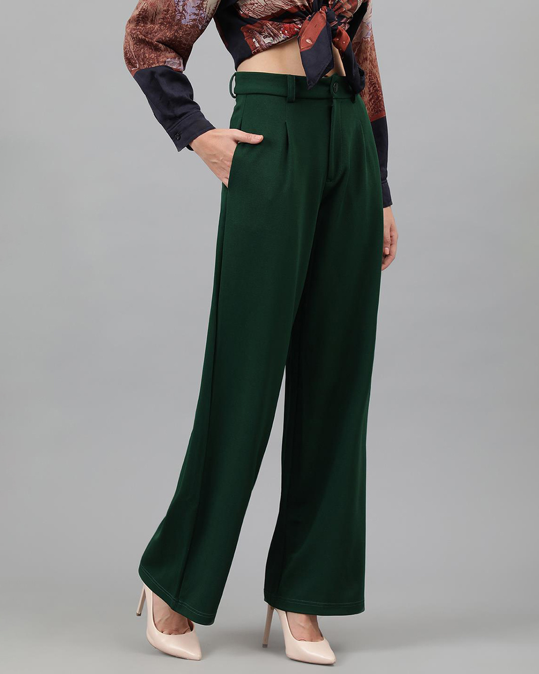 Shop Women's Pine Green Straight Fit Trousers-Back