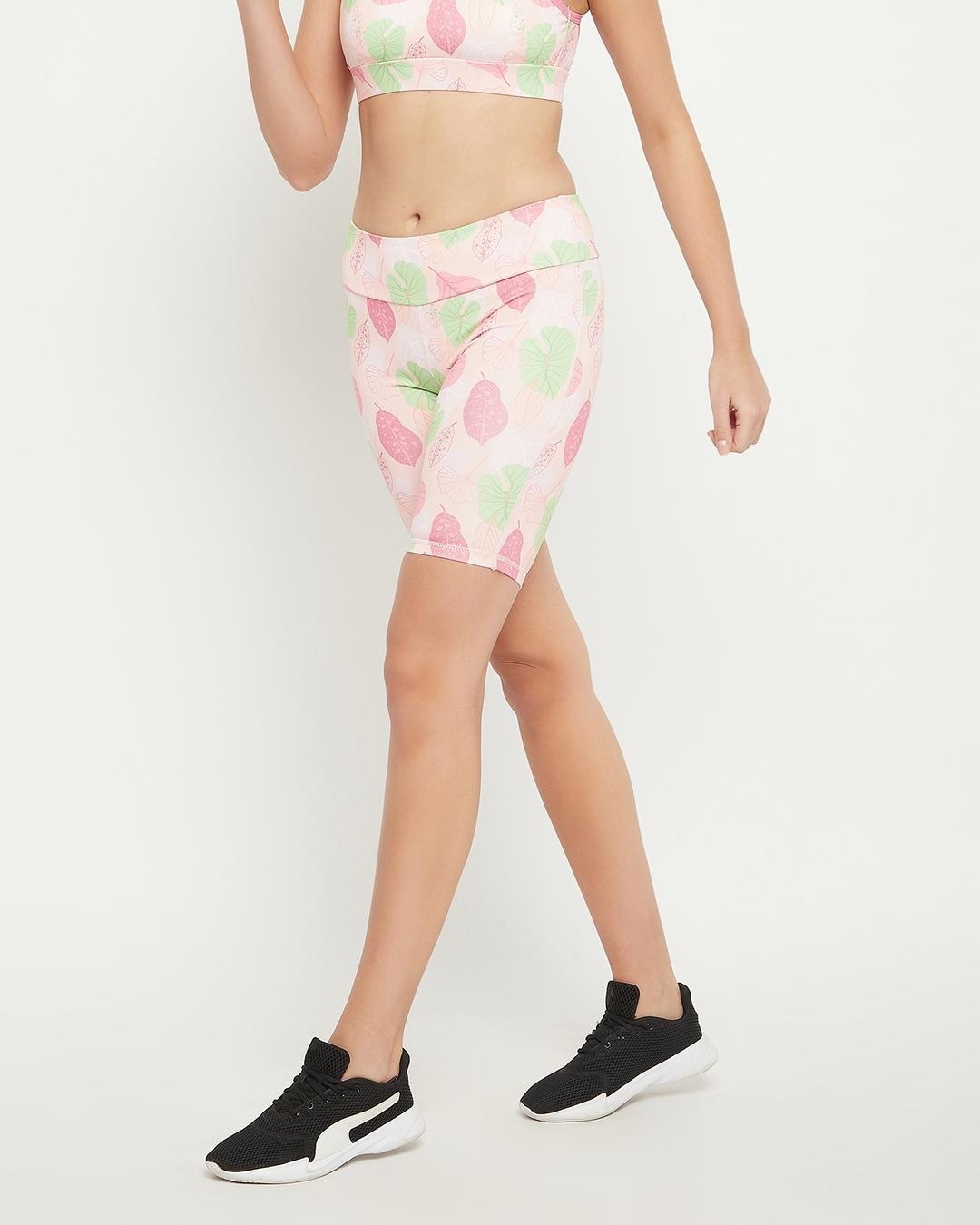 Shop Women's Pink All Over Leaf Prnited Slim Fit Activewear Shorts-Back