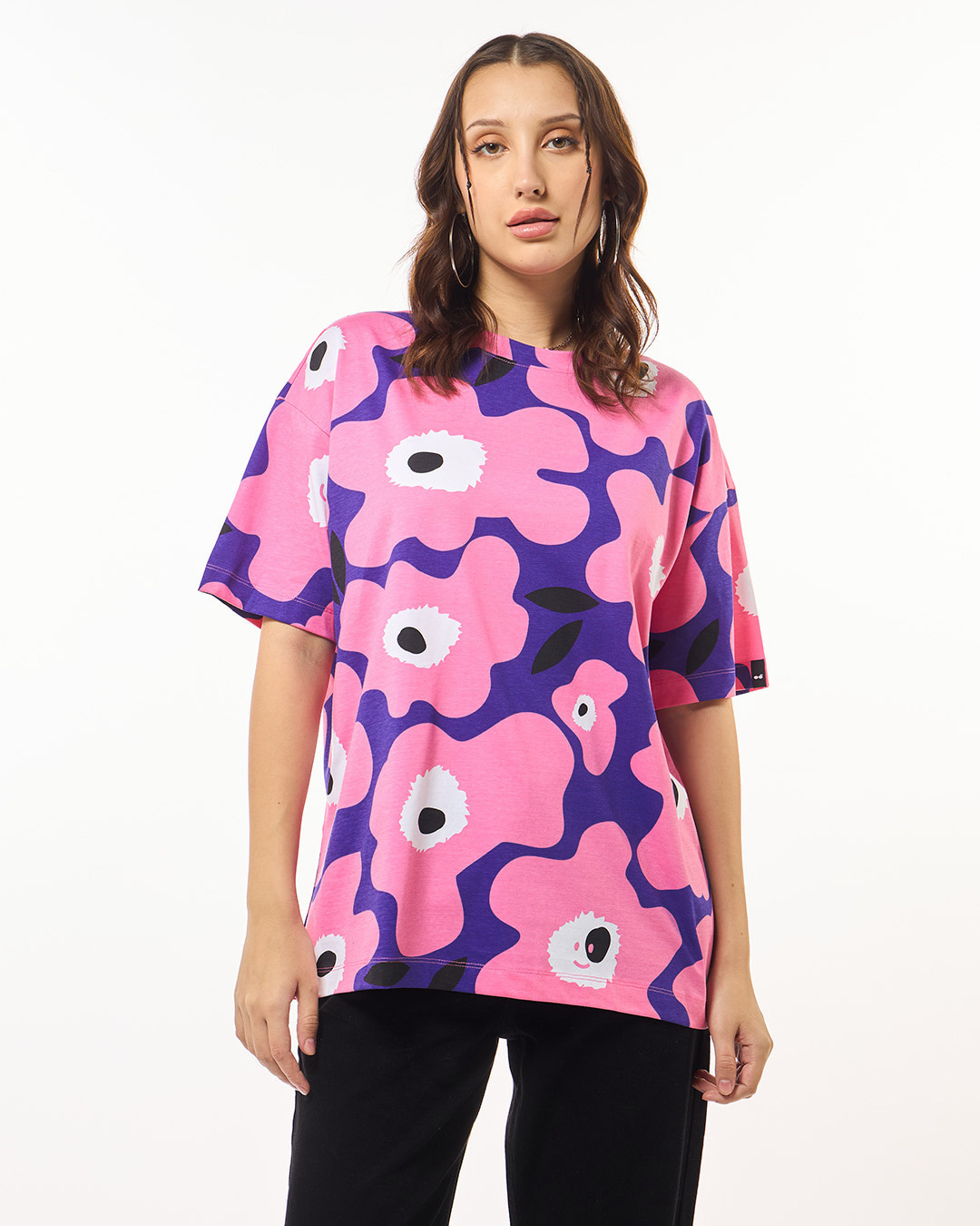 Shop Women's Pink & Blue All Over Printed Oversized T-shirt-Back