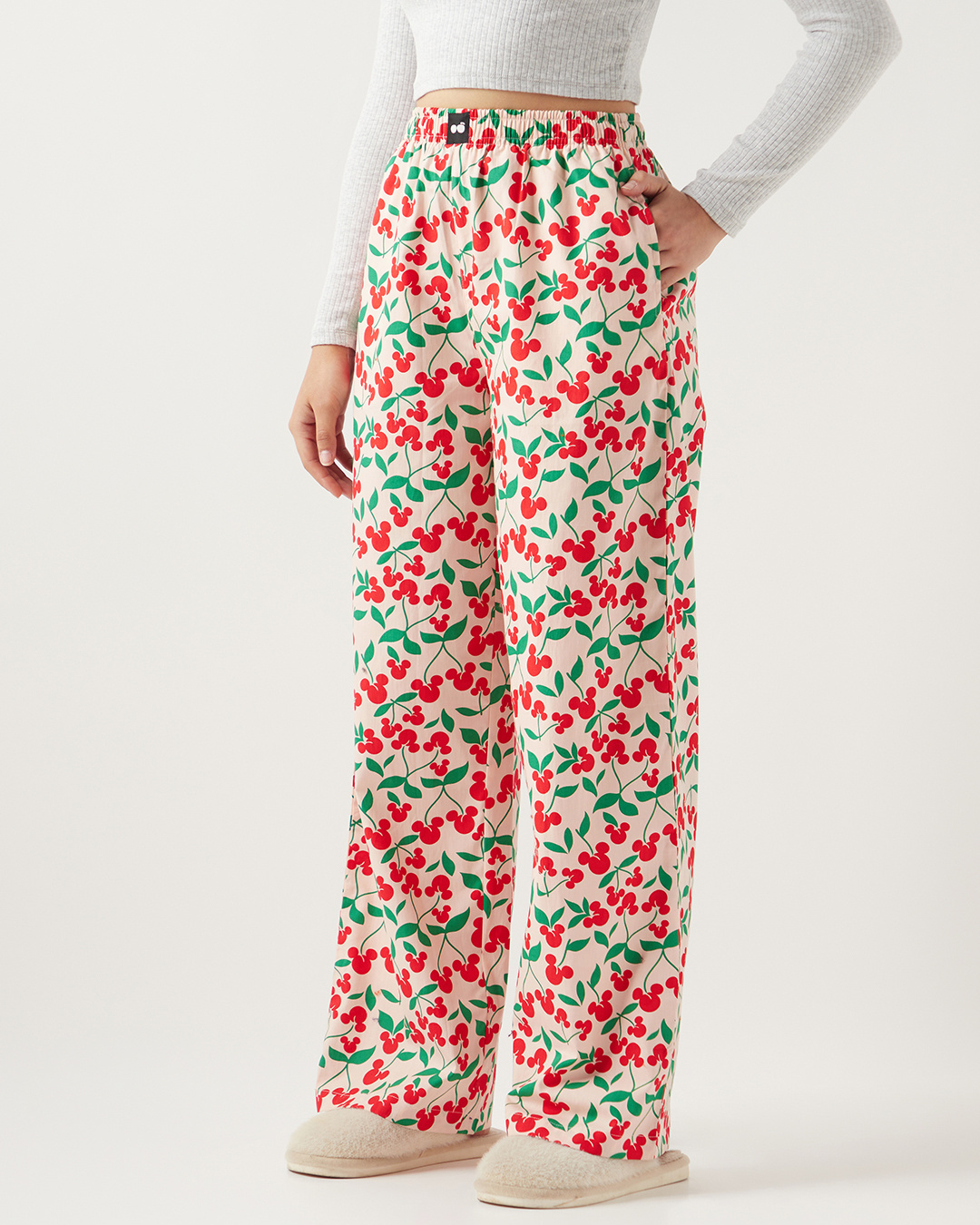 Shop Women's Beige Mickey All Over Printed Plus Size Wide Leg Pyjamas-Back