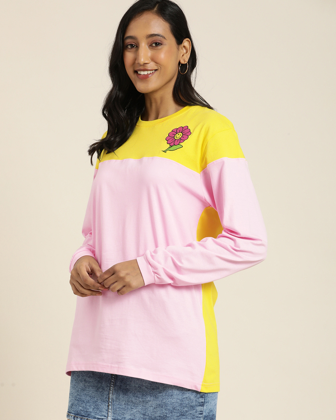 Shop Women's Pink and Yellow Flower Color Block Oversized Cotton T-shirt-Back
