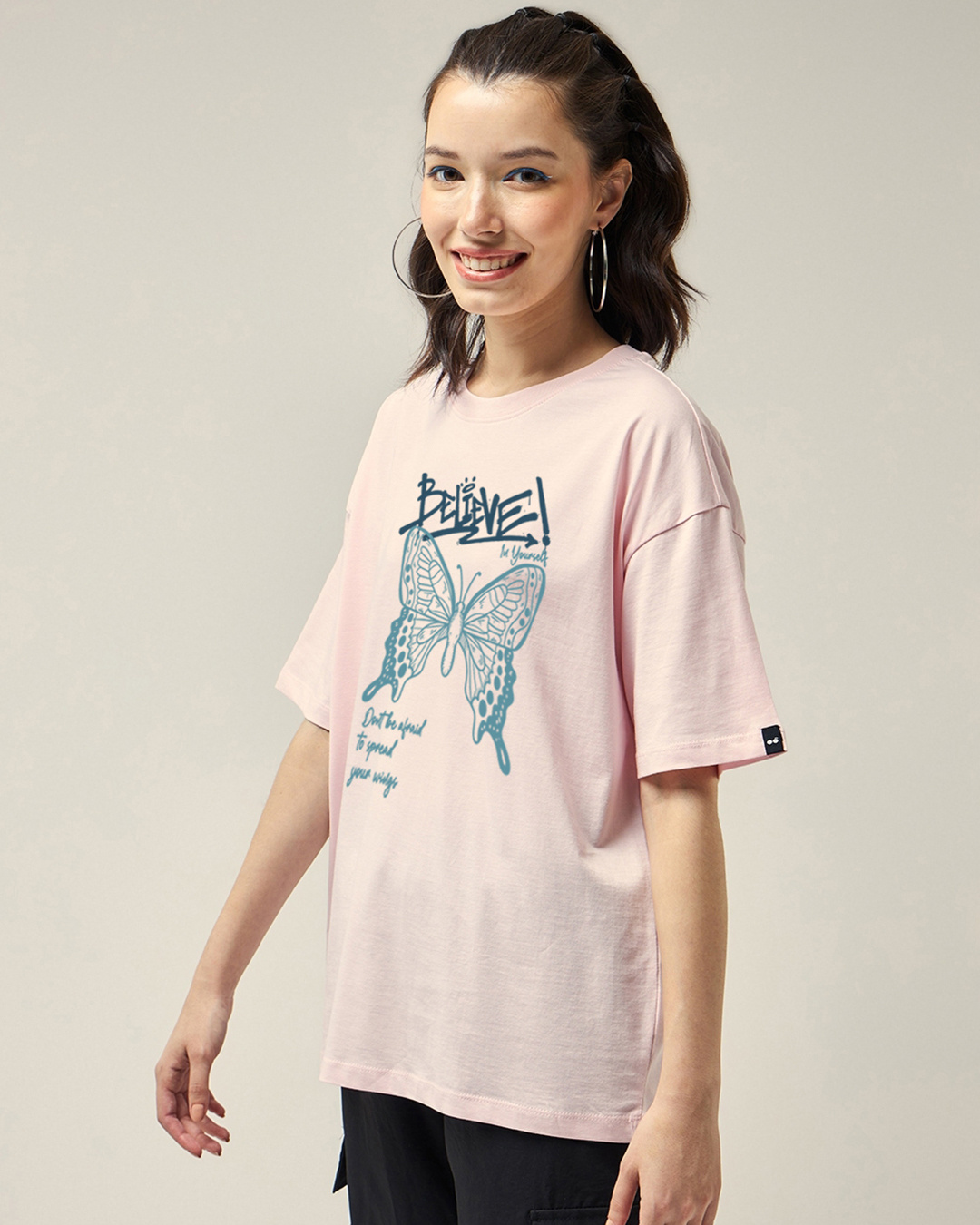 Shop Women's Pink Believe Yourself Graphic Printed Oversized T-shirt-Back