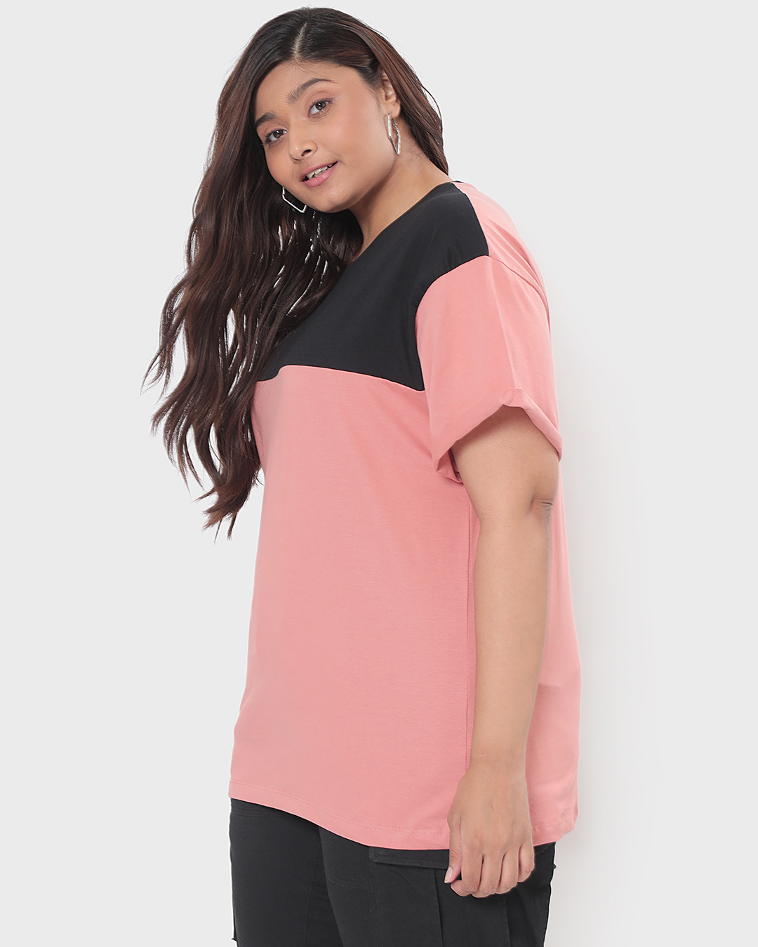 Shop Women's Pink & Black Color Block Plus Size Boyfriend T-shirt-Back