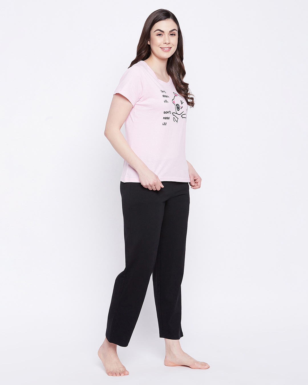 Shop Women's Pink & Black Cute Kitty Quote Graphic Printed Cotton T-shirt & Pyjamas Set-Back