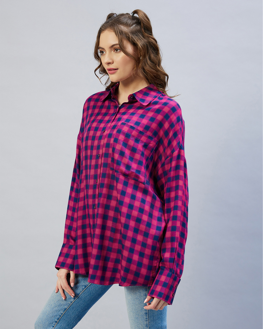 Buy Womens Pink And Blue Checked Oversized Shirt Online At Bewakoof