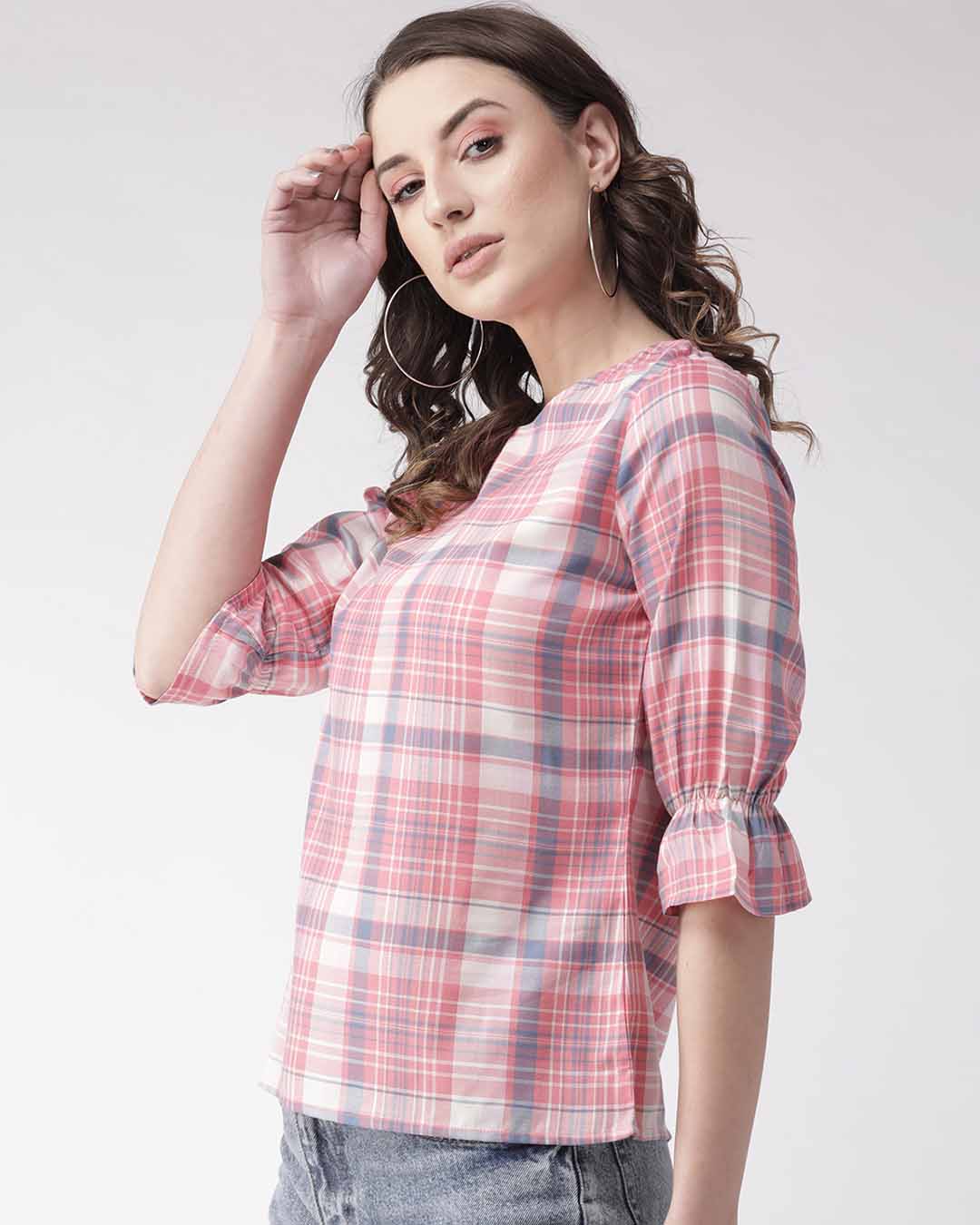 Shop Women's Pink & Blue Checked Top-Back