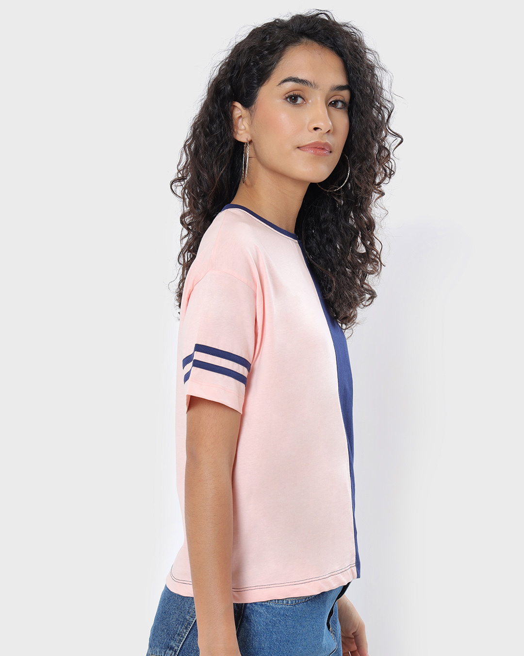 Shop Women's Pink & Blue Color Block Relaxed Fit T-shirt-Back