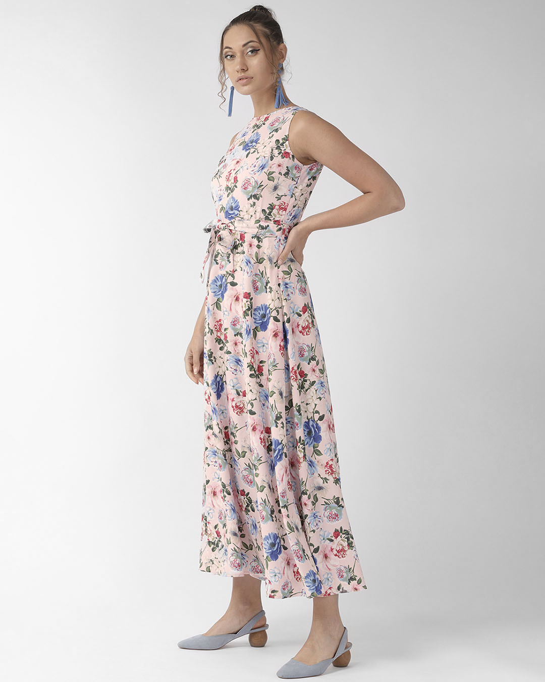 Shop Women's Pink & Blue Floral Print Maxi Dress-Back